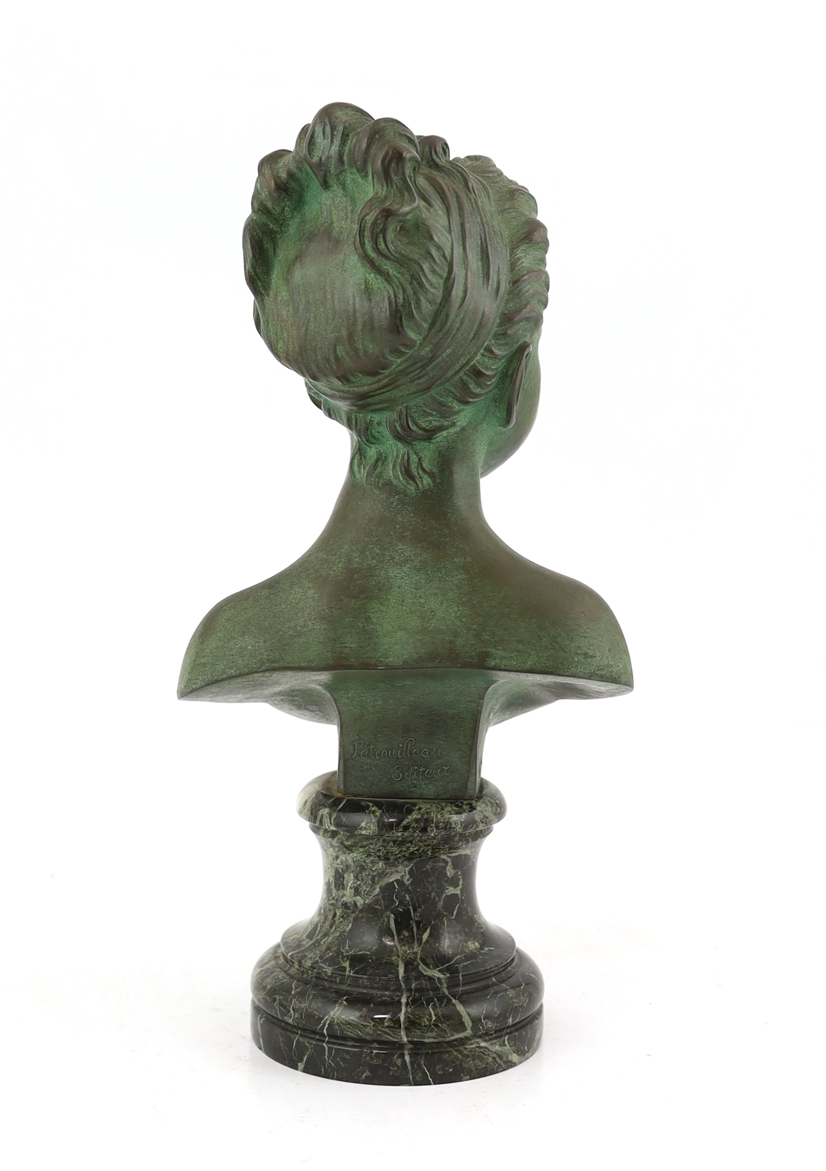 After Jean-Antoine Houdon (1741-1828), a green patinated bronze bust of a child